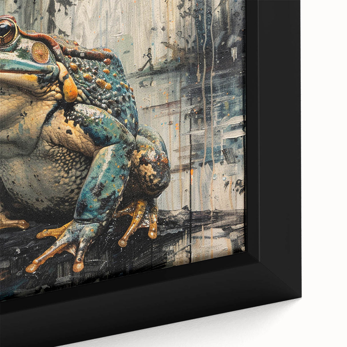 Close-up of a framed wall art featuring a vibrant green frog design on a textured canvas, showcasing intricate details and natural colors, perfect for wildlife enthusiasts.