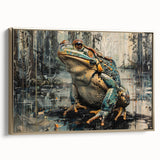 Framed wall art featuring a vibrant green frog design, set against a gold background, showcasing intricate details and textures in a stylish side view. Perfect for nature enthusiasts looking to enhance their decor with wildlife-inspired art.