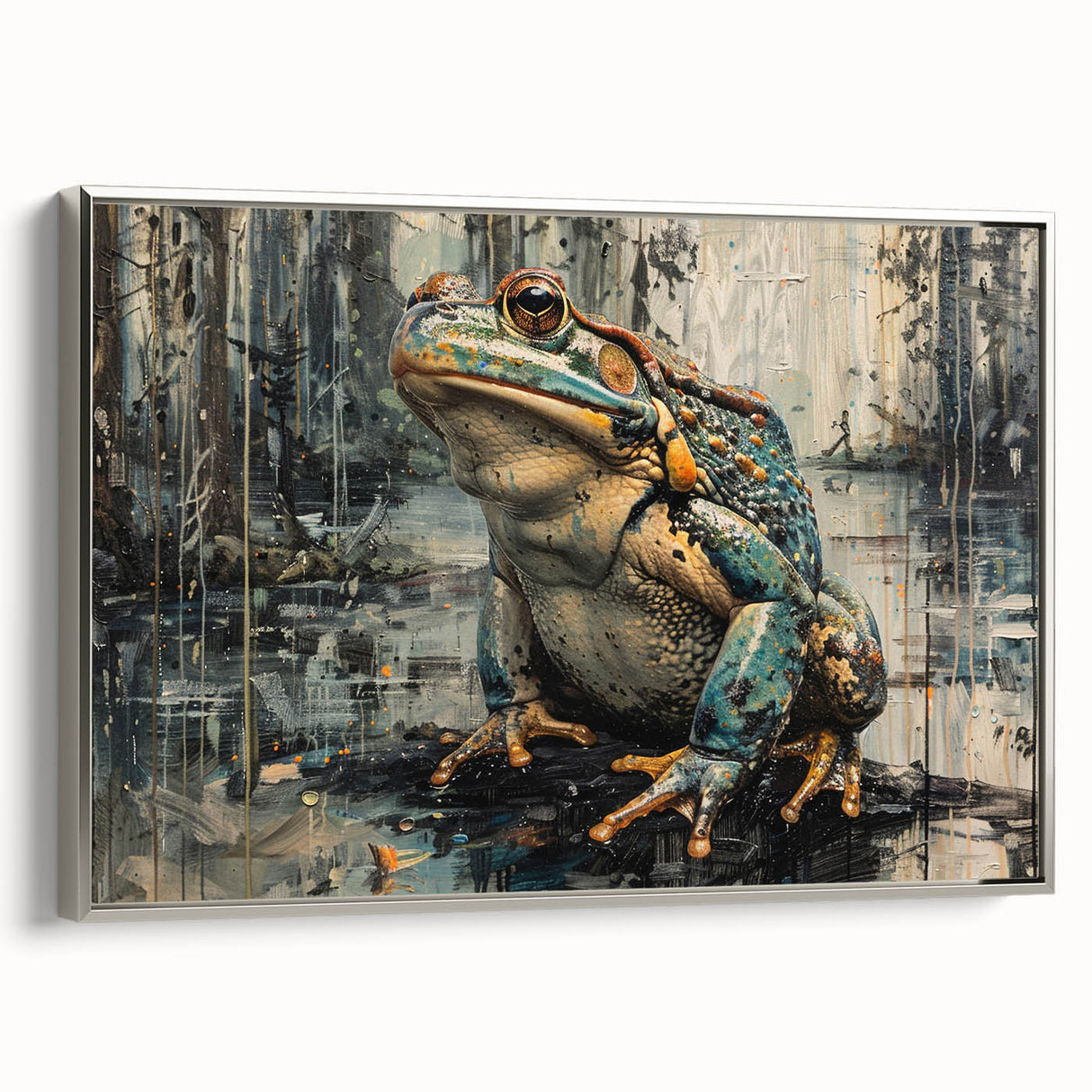 Framed wall art featuring a vibrant frog design from the Animals A Wild Life collection, showcasing intricate details and a silver frame that enhances its visual appeal.