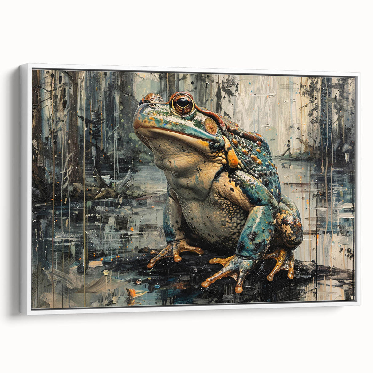 Framed canvas wall art featuring a vibrant frog design from the Animals A Wild Life collection, displayed in a white frame, perfect for nature-themed decor.