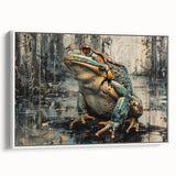 Framed canvas wall art featuring a vibrant frog design from the Animals A Wild Life collection, displayed in a white frame, perfect for nature-themed decor.