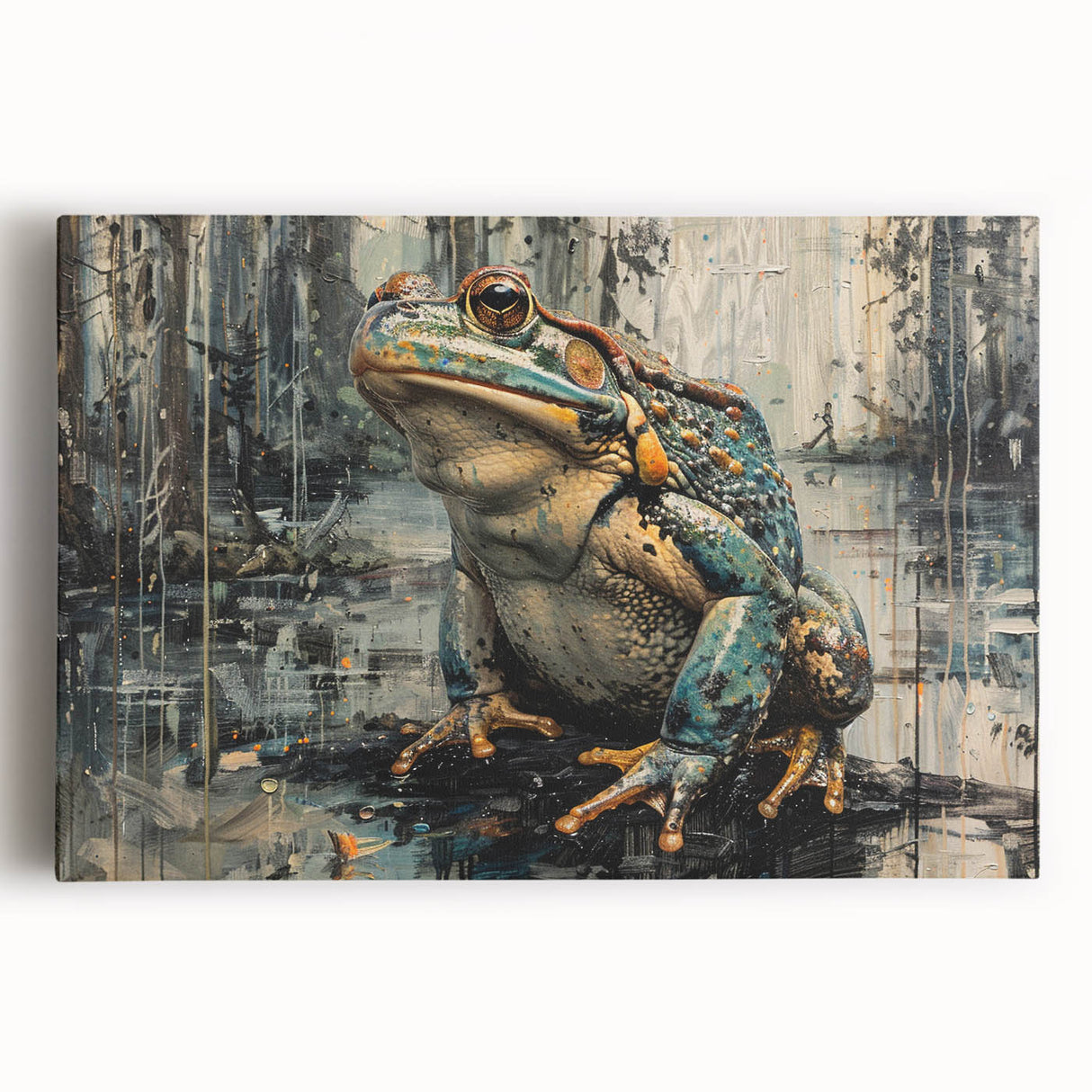 Vibrant stretched canvas wall art showcasing a detailed frog design, featuring rich green tones and a textured finish, perfect for nature-themed decor.