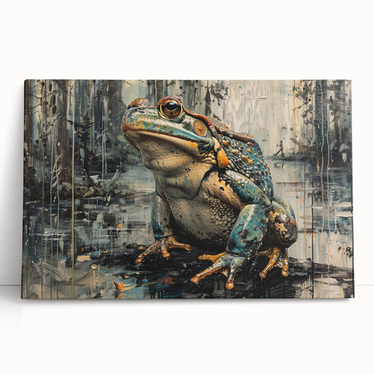 Vibrant green frog design on stretched canvas wall art, showcasing intricate details and a lively aesthetic, perfect for nature-themed decor.