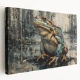Stretched canvas wall art featuring a vibrant green frog design, showcasing intricate details and textures, perfect for animal lovers and home decor enthusiasts.