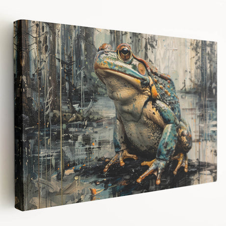 Stretched canvas wall art featuring a vibrant green frog design, showcasing intricate details and textures, perfect for animal lovers and home decor enthusiasts.