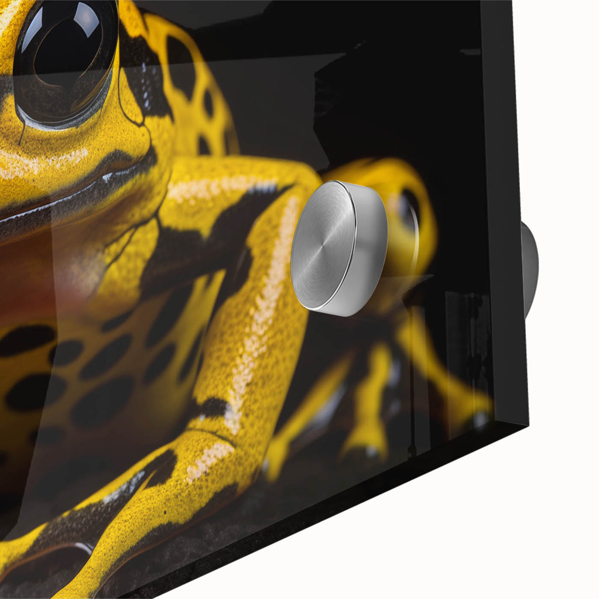 Detailed close-up of a vibrant green frog wall art piece, showcasing intricate textures and colors on acrylic glass, perfect for wildlife enthusiasts and home decor.