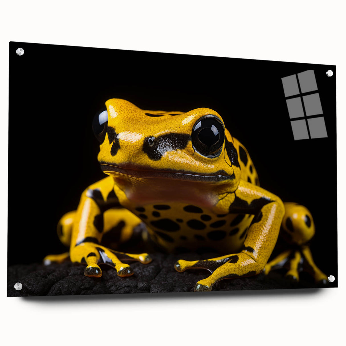 Acrylic glass wall art depicting a vibrant frog design from the Animals A Wild Life collection, featuring a side view and mounted with pins for easy display.