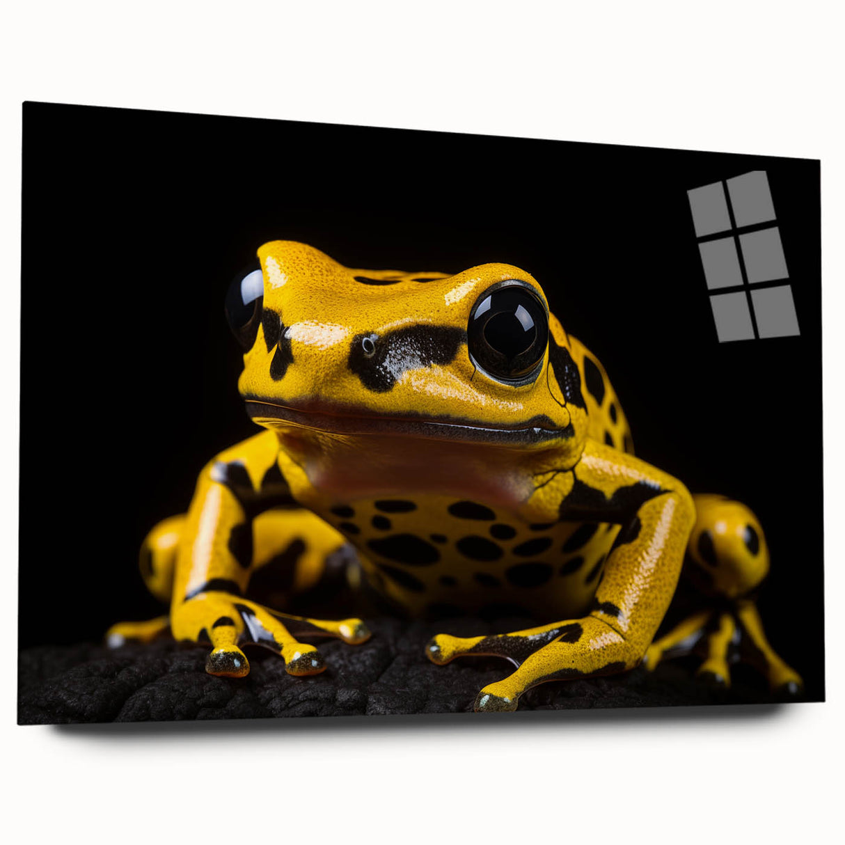 Side view of an acrylic glass wall art piece featuring a vibrant frog design, showcasing intricate details and colors, ideal for adding a whimsical touch to any decor.