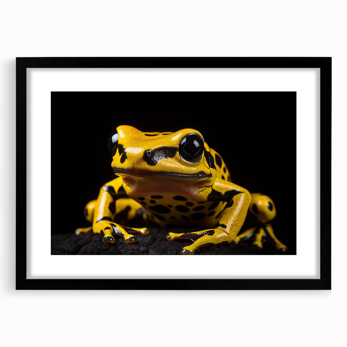 Framed wall art featuring a vibrant frog design, showcasing intricate details and a sleek black frame, perfect for animal lovers and modern decor.
