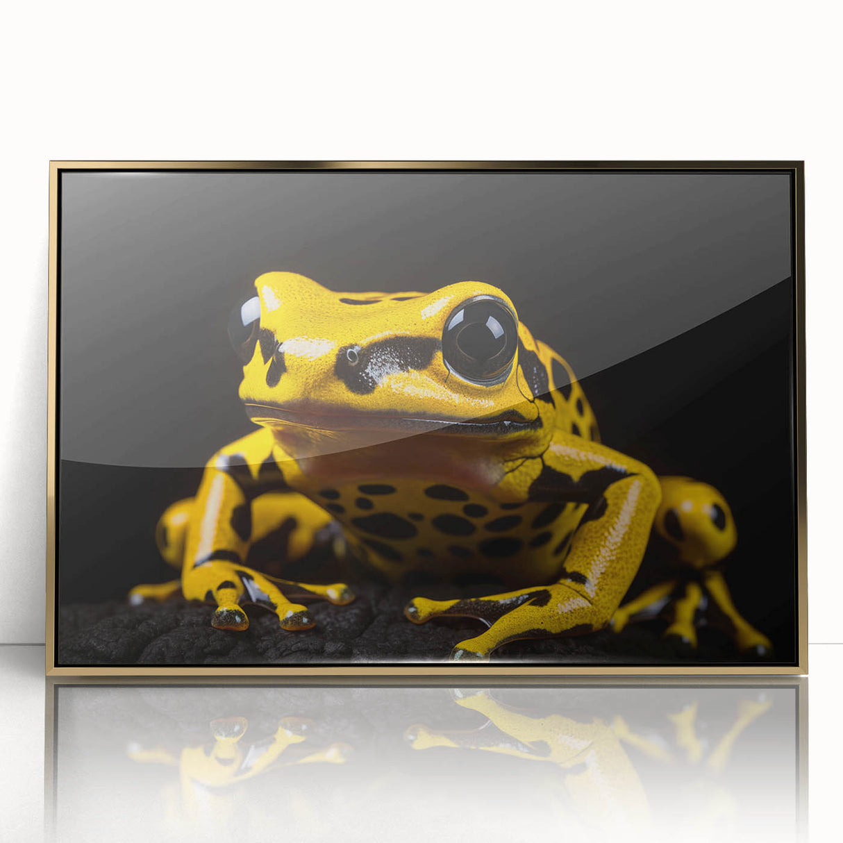 Framed wall art showcasing a vibrant frog design in acrylic with a gold frame, perfect for animal lovers and modern home decor enthusiasts.