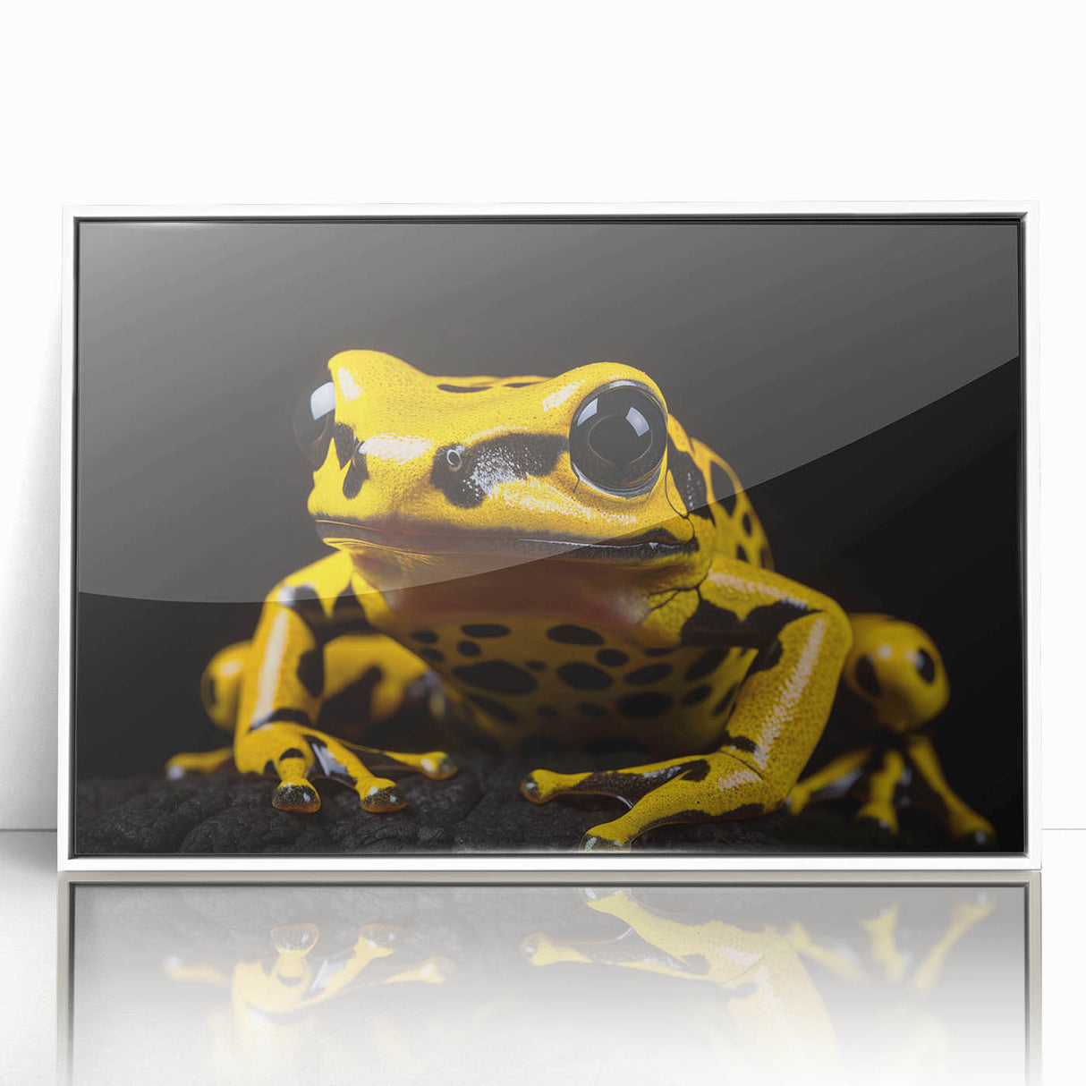 Framed acrylic wall art showcasing a vibrant frog design in a white frame, perfect for adding a touch of nature-inspired decor to any room. Ideal for wildlife lovers.