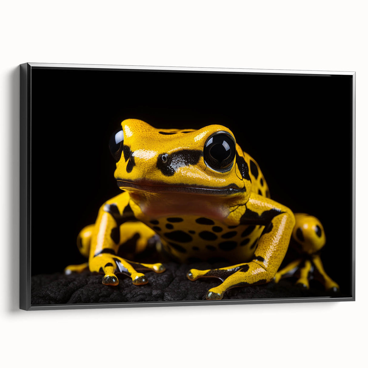 Framed canvas wall art featuring a vibrant green frog design, set against a black background, showcasing intricate details and textures, perfect for animal lovers' decor.