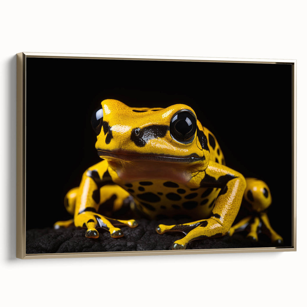 Framed wall art featuring a vibrant frog design set against a gold background, showcasing intricate details and vivid colors, perfect for nature-themed decor.