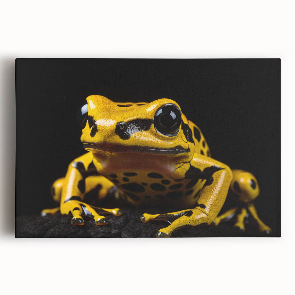 Vibrant stretched canvas wall art featuring a colorful frog design, showcasing intricate details and textures, perfect for animal lovers and home decor enthusiasts.