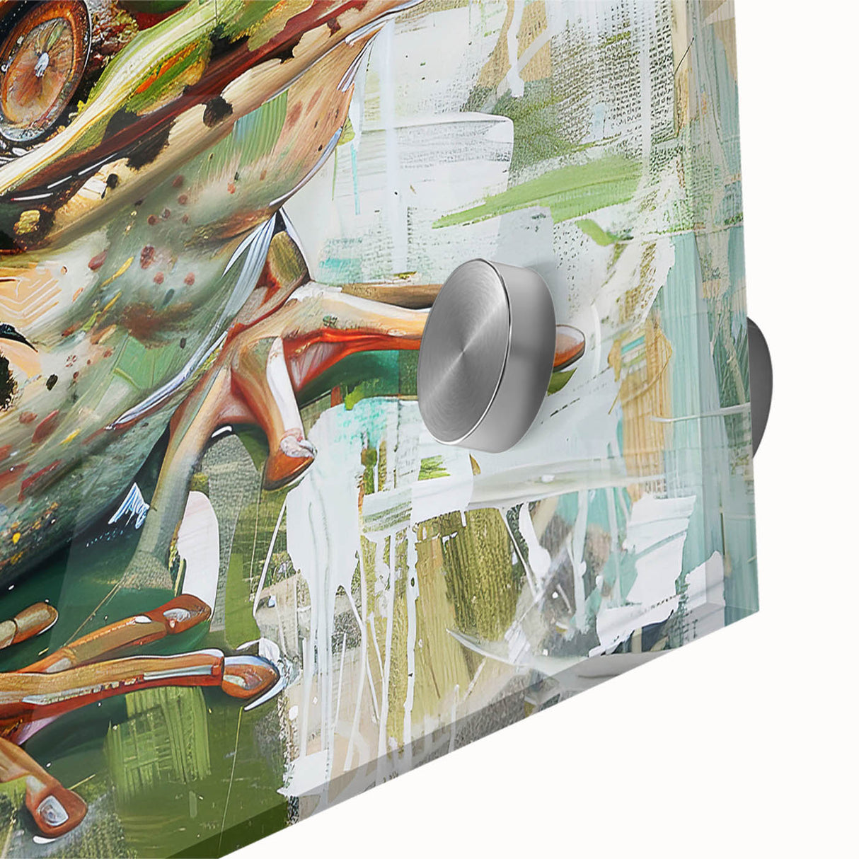 Close-up of a vibrant frog wall art design on acrylic glass, showcasing intricate details and bright colors, perfect for nature enthusiasts and modern decor.