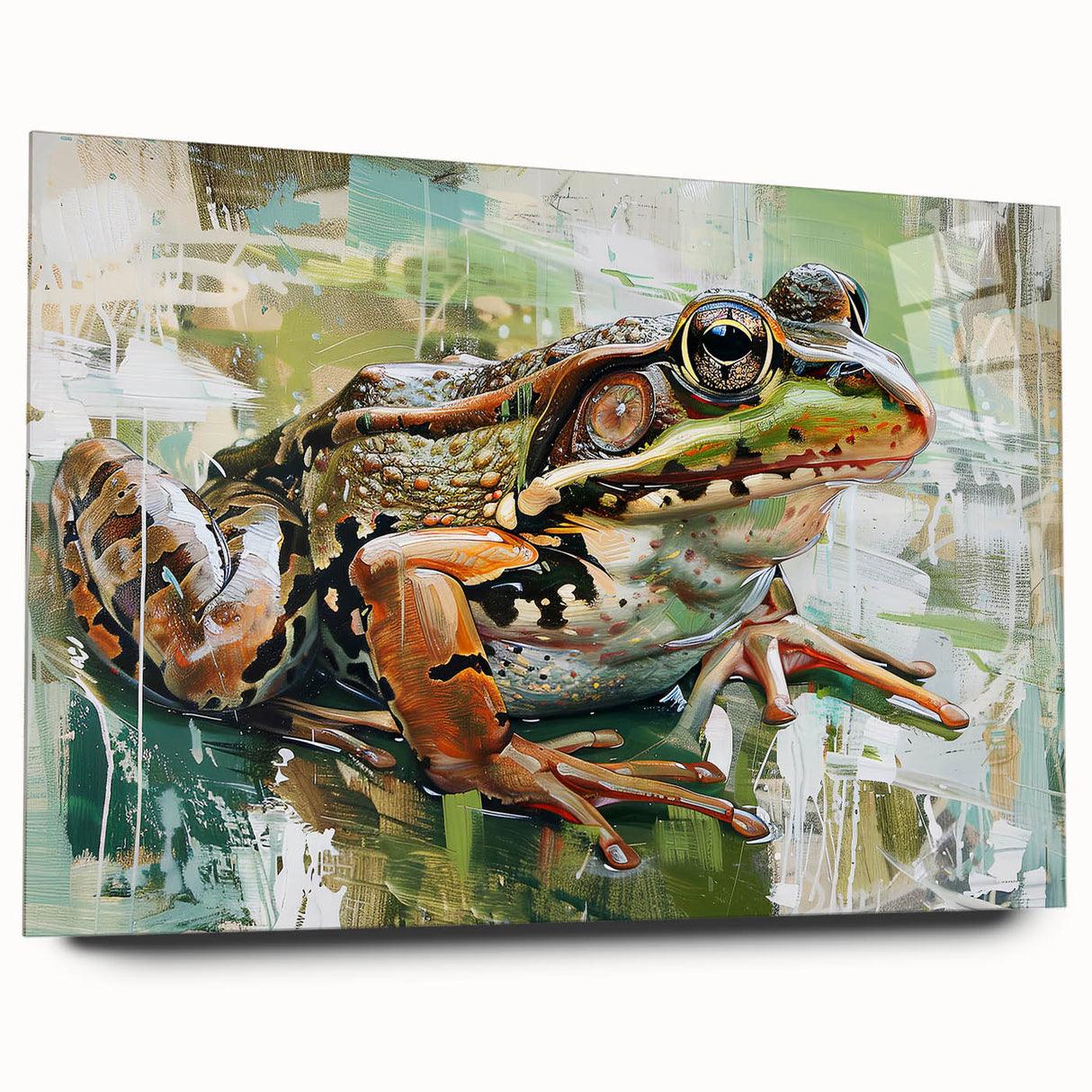 Vibrant acrylic wall art showcasing a colorful frog design against a white background, perfect for animal lovers and nature-themed decor. Ideal for modern interiors.