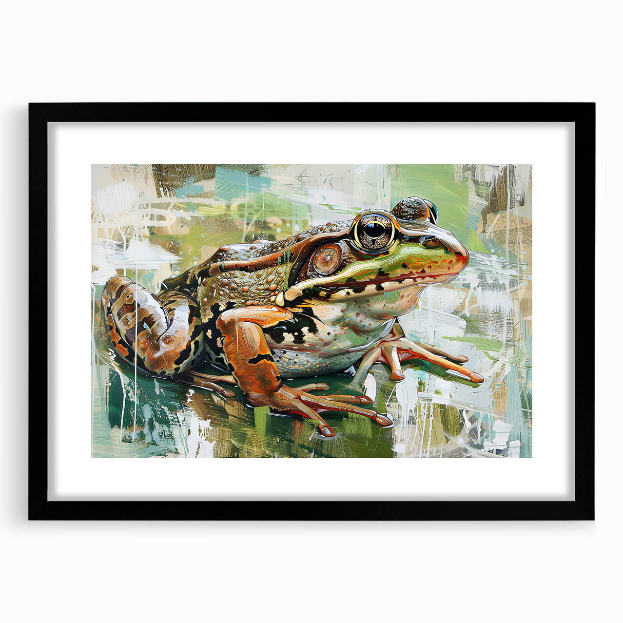 Black-framed wall art showcasing a vibrant frog design, part of the Wildlife Collection, featuring vivid colors and intricate details, ideal for nature enthusiasts.