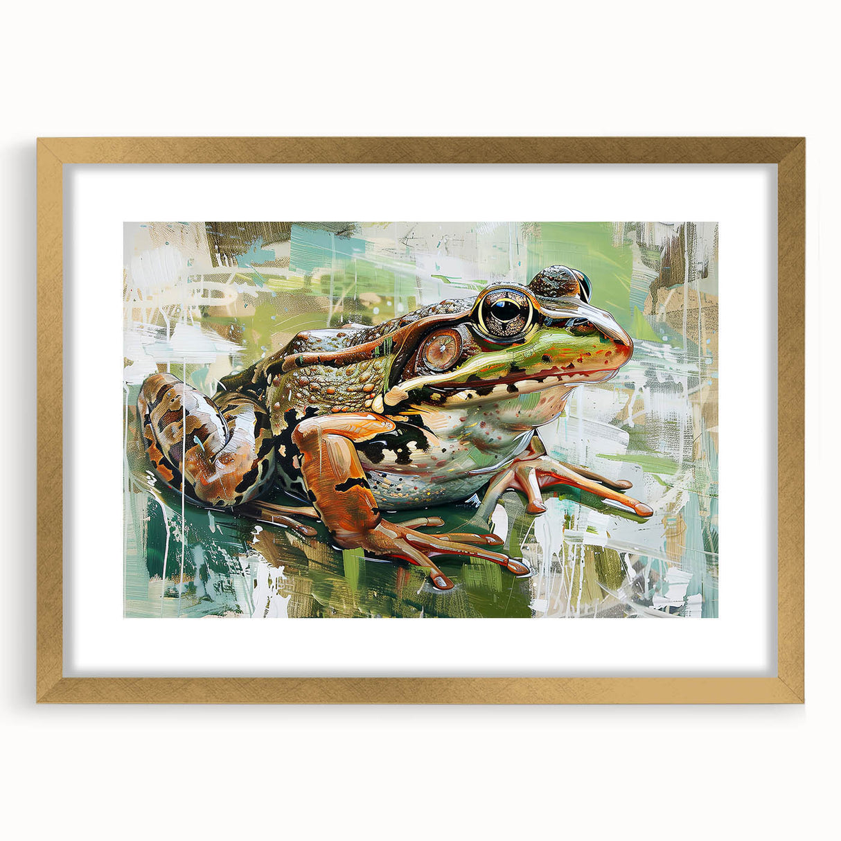 Framed wall art featuring a vibrant frog design with gold accents, showcasing intricate details on a white background, perfect for nature-themed decor.