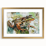 Framed wall art featuring a vibrant frog design with gold accents, showcasing intricate details on a white background, perfect for nature-themed decor.