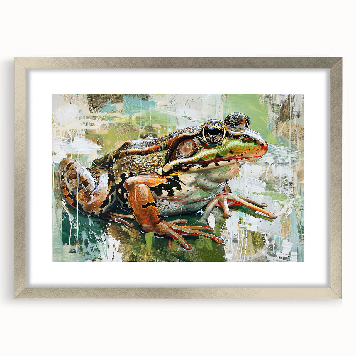 Framed wall art featuring a vibrant frog design from the Animals A Wild Life collection, showcased in a sleek silver frame with a mat, ideal for nature-themed decor.