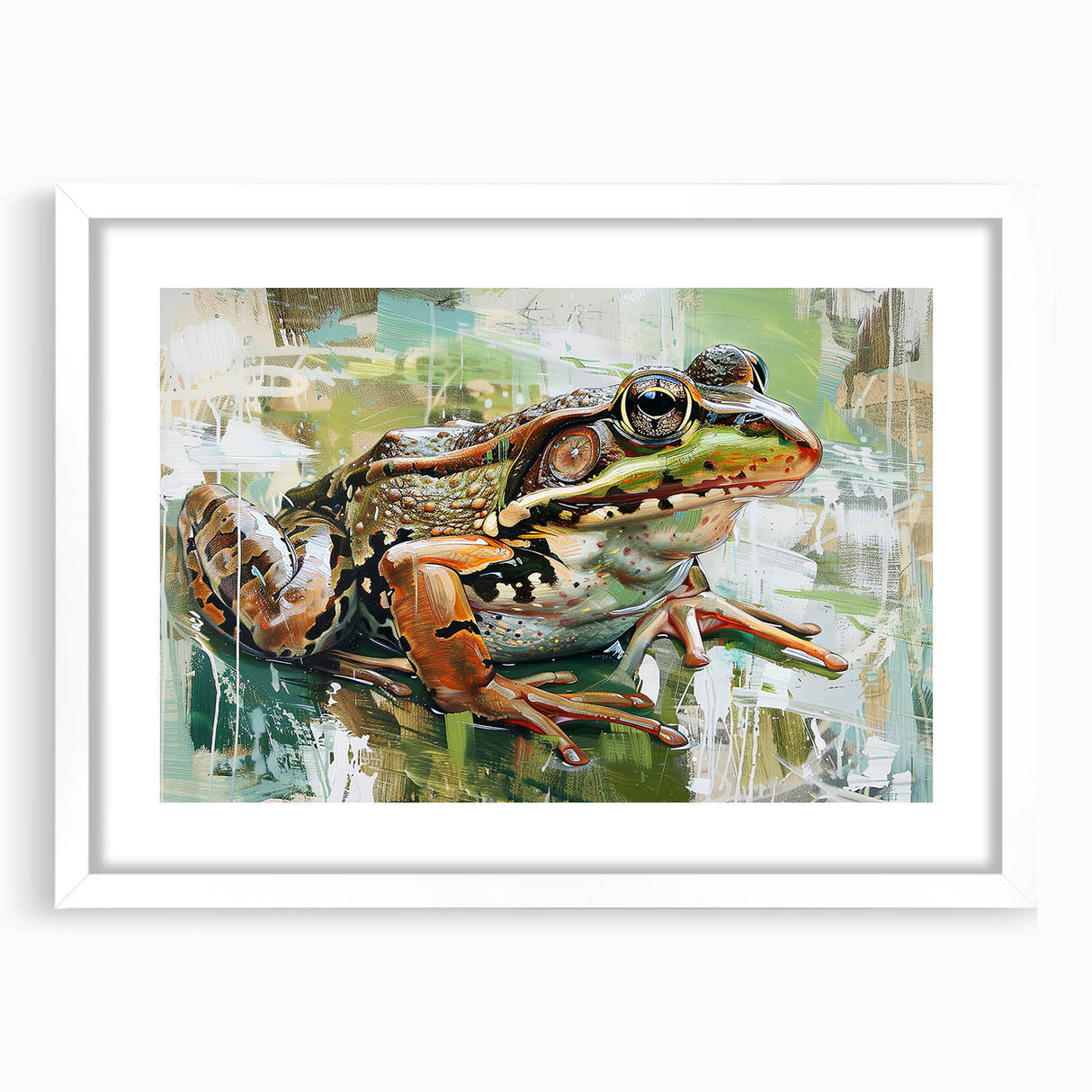 Framed wall art featuring a vibrant frog design from the "Animals A Wild Life" collection, set against a white mat, ideal for nature-themed decor.