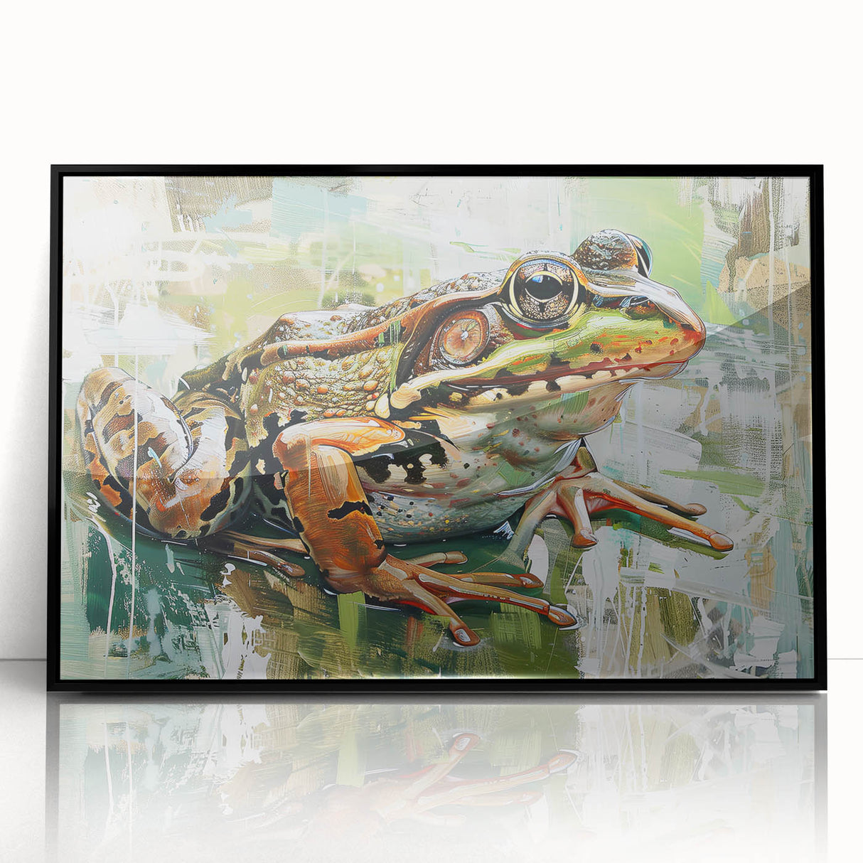 Framed acrylic wall art featuring a vibrant frog design, showcasing intricate details and colors on a black backdrop, perfect for nature and wildlife decor enthusiasts.