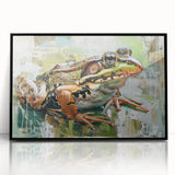 Framed acrylic wall art featuring a vibrant frog design, showcasing intricate details and colors on a black backdrop, perfect for nature and wildlife decor enthusiasts.