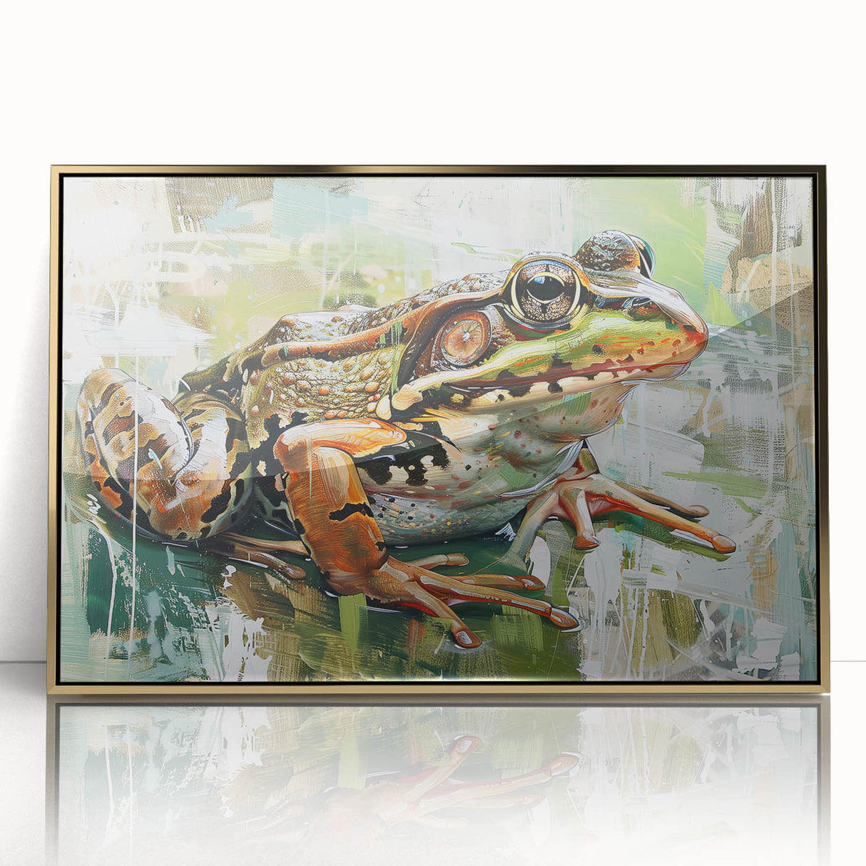 Framed wall art featuring a vibrant green frog design with intricate details, set in a gold-accented acrylic frame, perfect for nature-themed decor.