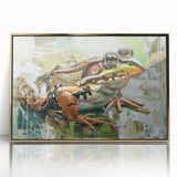 Framed wall art featuring a vibrant green frog design with intricate details, set in a gold-accented acrylic frame, perfect for nature-themed decor.