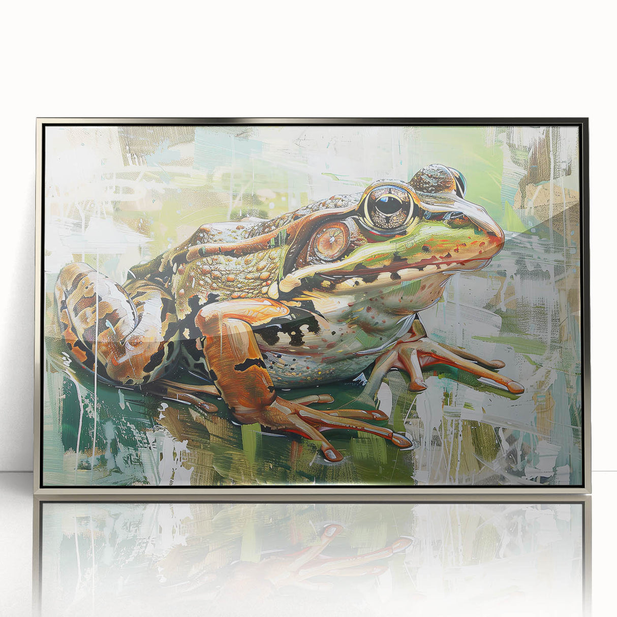 Framed wall art featuring a vibrant frog design from the "Animals a Wild Life" collection, set in an elegant silver frame with acrylic front. Perfect for nature lovers.