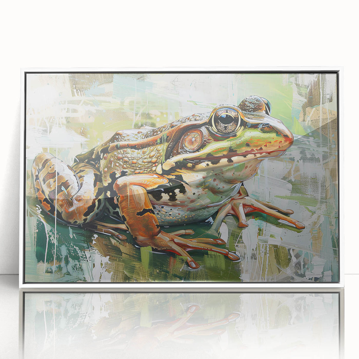 Framed wall art featuring a vibrant frog design from the Animals A Wild Life collection, showcasing bright green and blue colors on a sleek white background. Ideal for nature lovers, this acrylic piece adds a playful touch to any room decor.