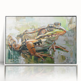 Framed wall art featuring a vibrant frog design from the Animals A Wild Life collection, showcasing bright green and blue colors on a sleek white background. Ideal for nature lovers, this acrylic piece adds a playful touch to any room decor.