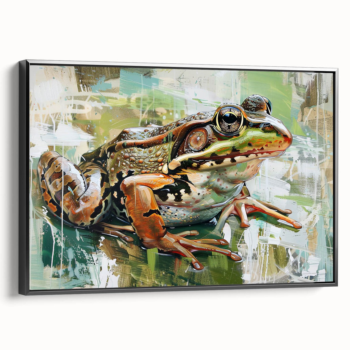 Framed wall art featuring a vibrant frog design from the Animals A Wild Life collection, set against a sleek black background, perfect for nature-themed decor.