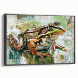Framed wall art featuring a vibrant frog design from the Animals A Wild Life collection, set against a sleek black background, perfect for nature-themed decor.