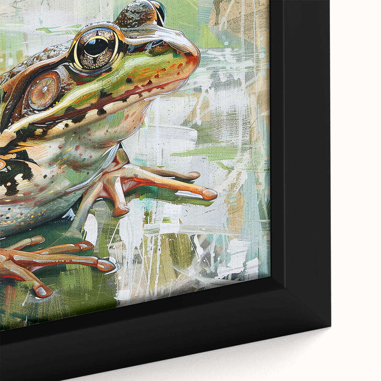 Close-up of a vibrant framed canvas featuring a detailed frog design from the "Animals of the Wild" collection, showcasing vivid colors and intricate textures ideal for nature-themed decor.