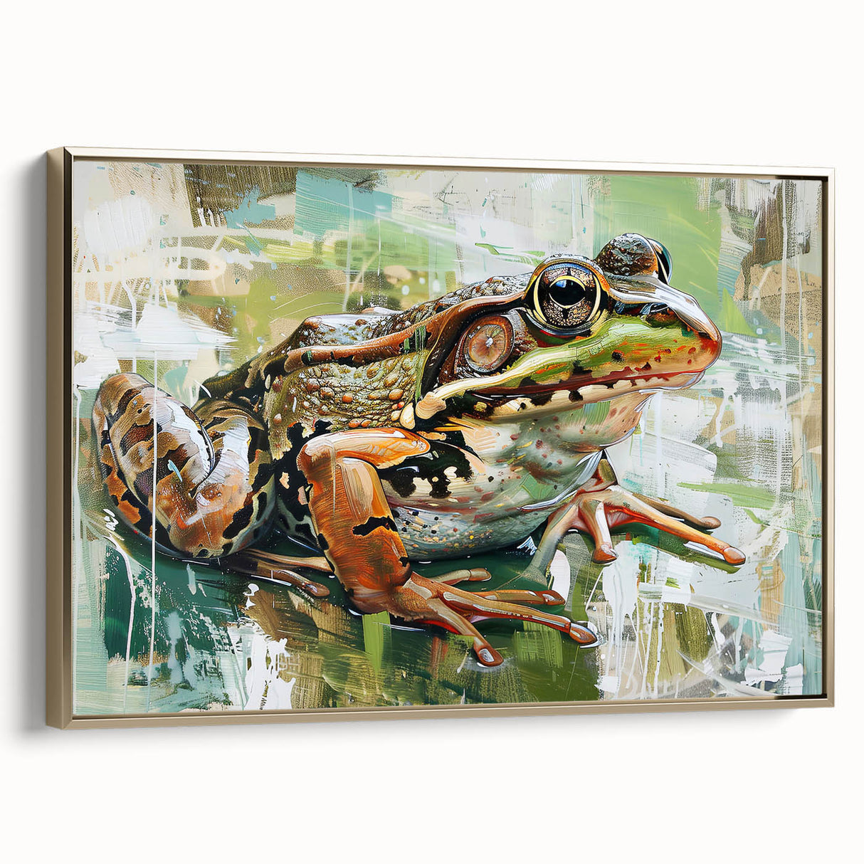 Framed wall art featuring a vibrant green frog design on a textured canvas, with a sleek gold frame, perfect for adding a touch of nature-inspired decor to any space.