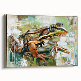 Framed wall art featuring a vibrant green frog design on a textured canvas, with a sleek gold frame, perfect for adding a touch of nature-inspired decor to any space.