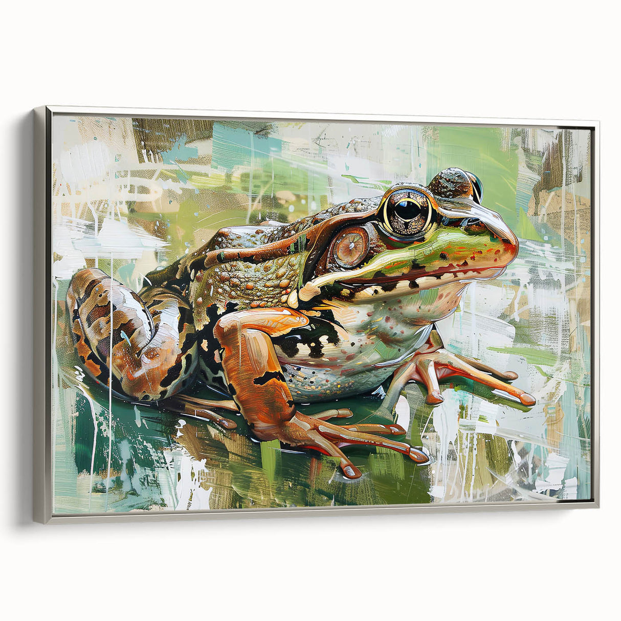 Framed wall art showcasing a vibrant frog design from the Wild Life collection, featuring a sleek silver frame that enhances the colorful artwork, ideal for nature enthusiasts and home decor.
