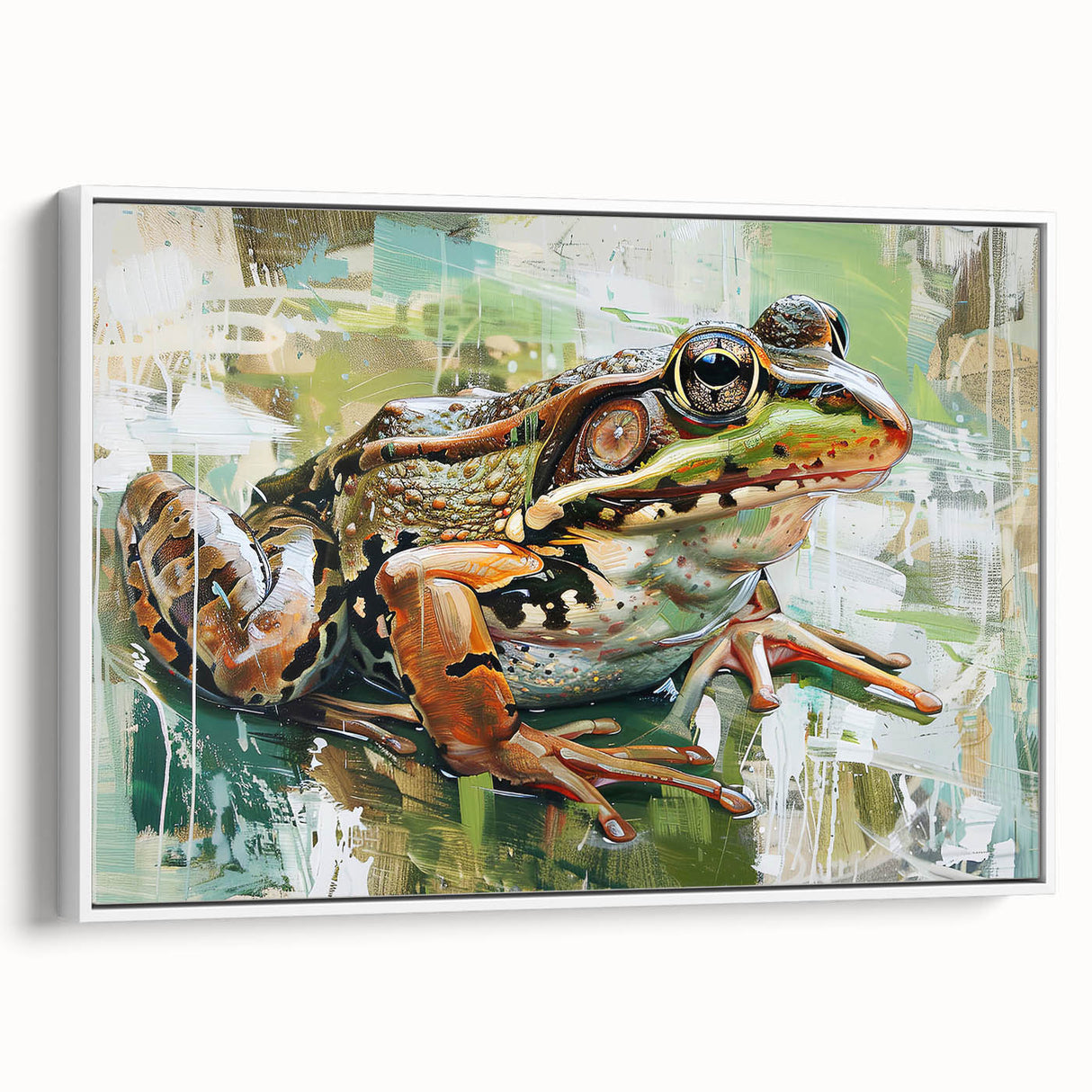 Framed canvas artwork depicting a vibrant green frog design, showcasing intricate details and textures, mounted on a white background, ideal for animal-themed decor.