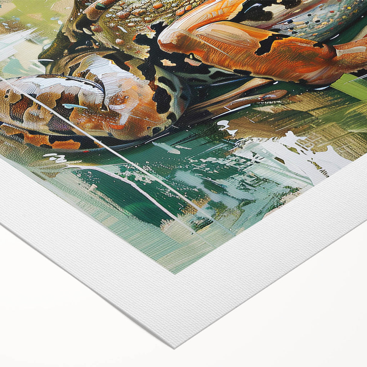 Vibrant rolled canvas wall art showcasing a detailed frog design, featuring lush green and blue hues, perfect for wildlife enthusiasts and home decor.