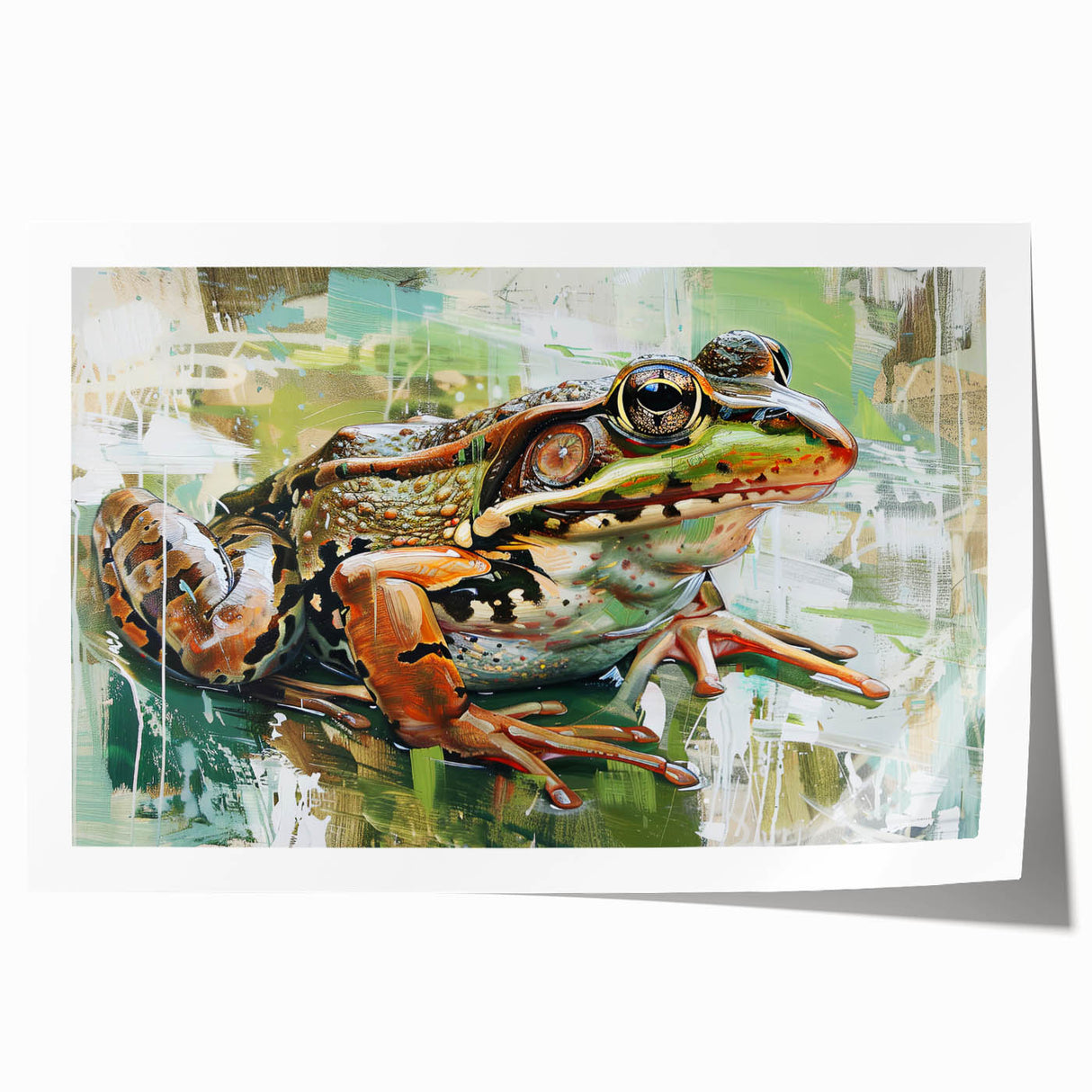 Vibrant wall art print featuring a colorful frog design, showcasing intricate details and patterns, ideal for nature lovers and wildlife enthusiasts. Perfect for home decor.
