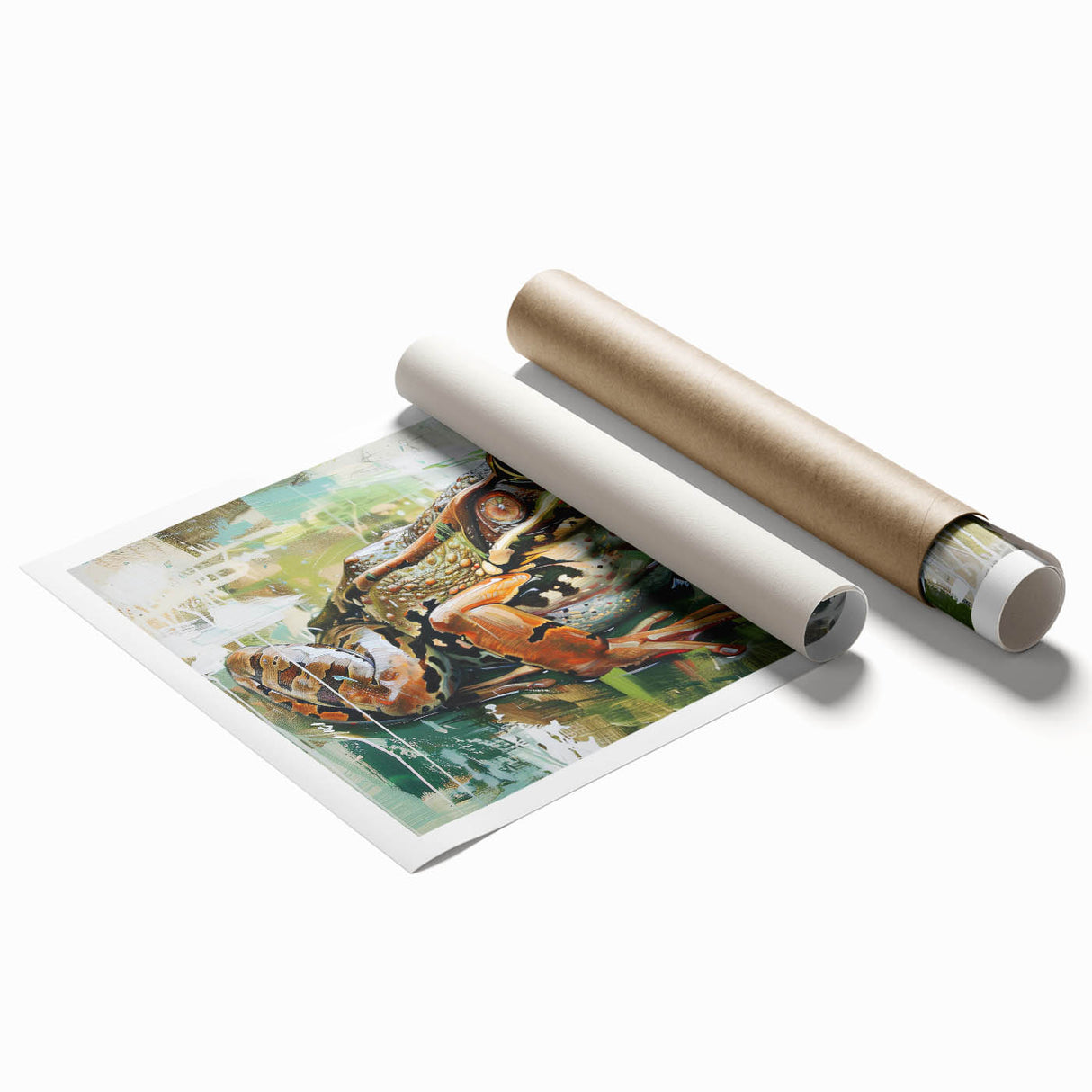 Vibrant wall art print featuring a colorful frog design against a lush green backdrop, perfect for nature enthusiasts and home decor. Ideal for animal lovers seeking unique interior accents.