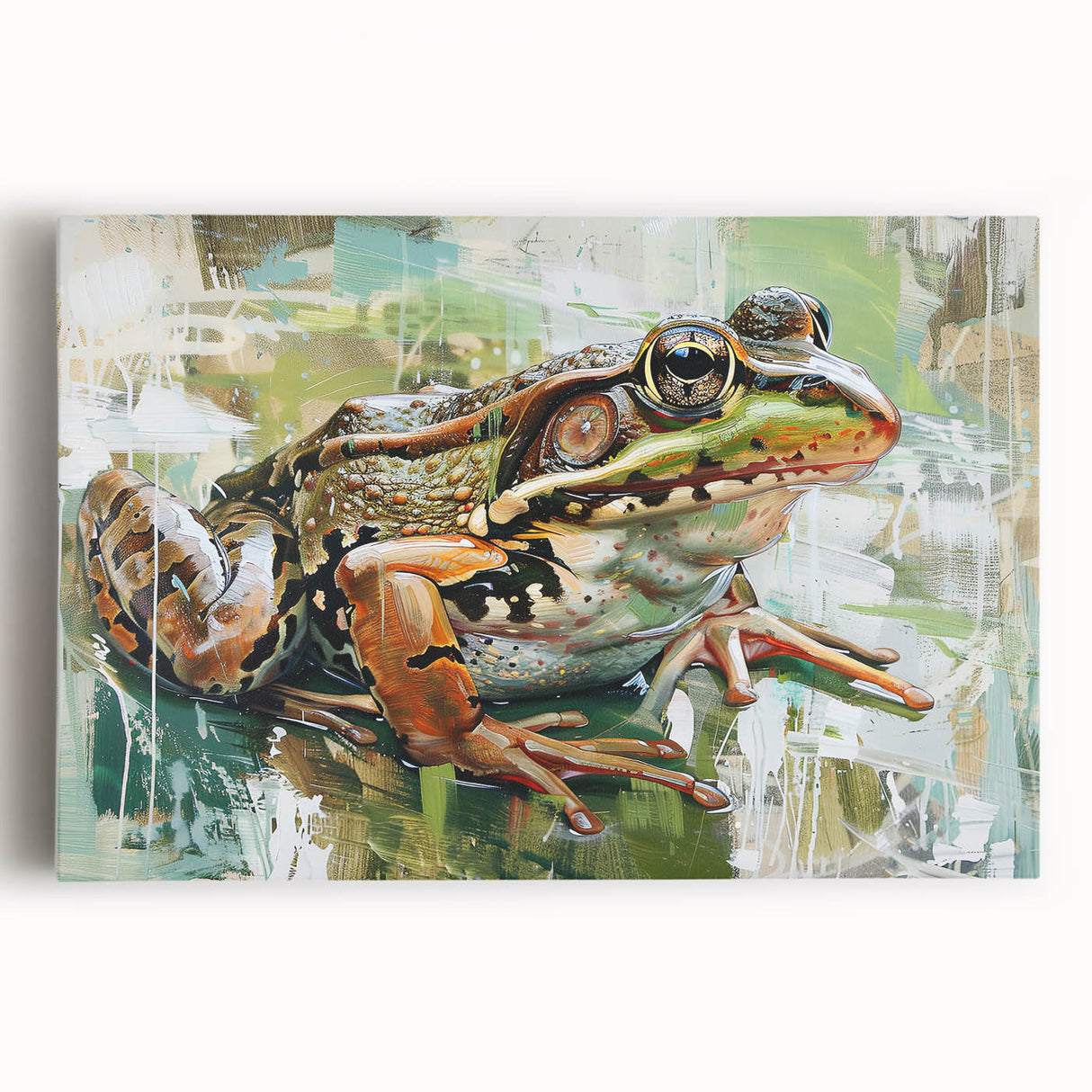 Vibrant stretched canvas wall art featuring a detailed illustration of a green frog perched on a lily pad, perfect for nature enthusiasts and home decor.