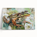 Vibrant stretched canvas wall art featuring a whimsical frog design, showcasing intricate details and bright colors, perfect for animal lovers and home decor enthusiasts.