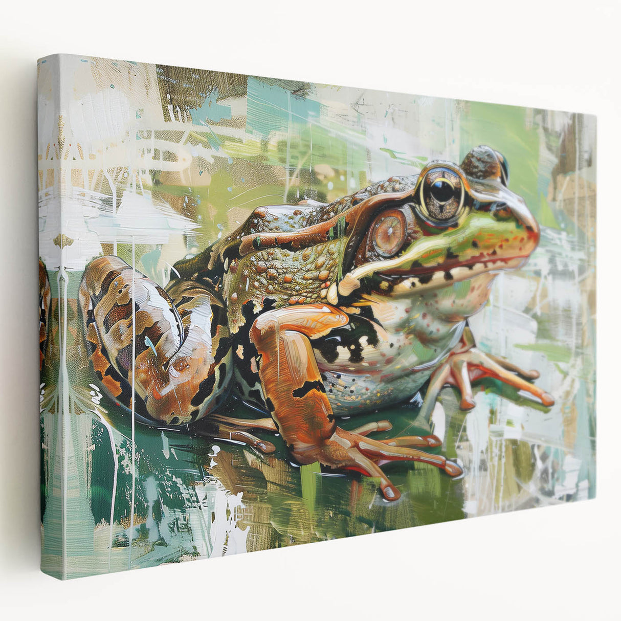 Bright and colorful frog design wall art on stretched canvas, showcasing intricate details and vibrant green hues, ideal for nature-themed decor.