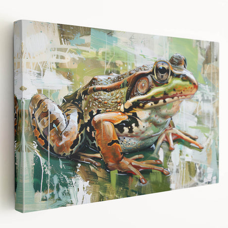 Bright and colorful frog design wall art on stretched canvas, showcasing intricate details and vibrant green hues, ideal for nature-themed decor.