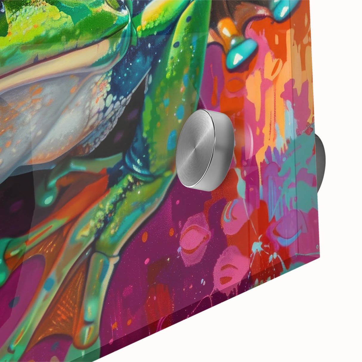 Close-up of vibrant acrylic glass wall art showcasing a colorful frog design from the "Animals A Wild Life" collection, ideal for nature-themed decor.