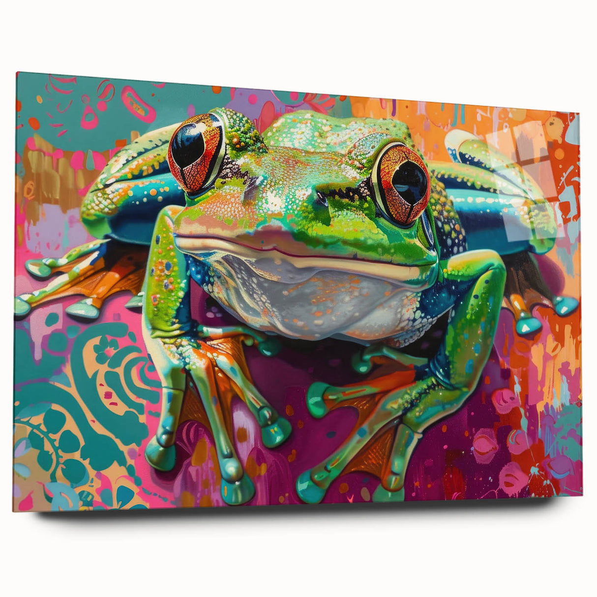 Acrylic glass wall art featuring a vibrant frog design from the 'Animals a Wild Life' collection, showcased in a sleek side view, perfect for nature-inspired decor.