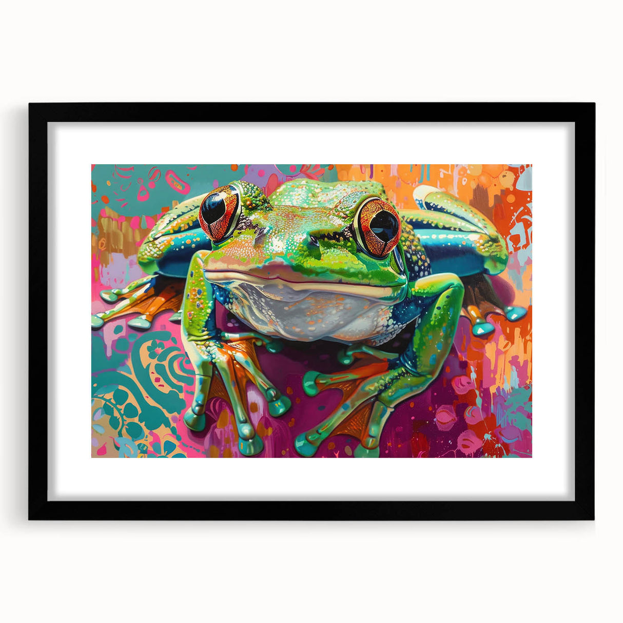 Black-framed wall art featuring a whimsical frog design from the Animals A Wild Life collection, showcasing vibrant colors and playful details, perfect for animal lovers.