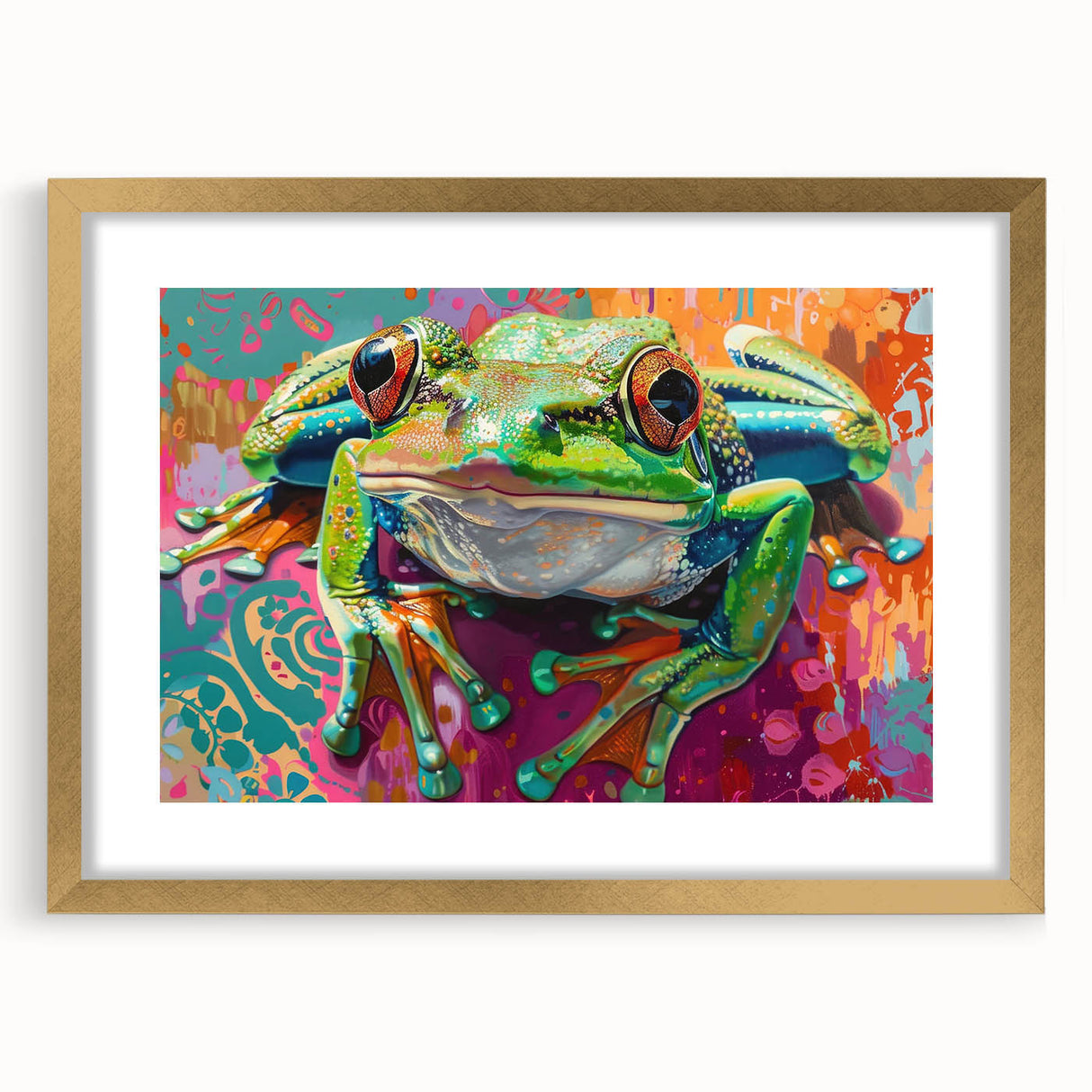 Gold-framed wall art featuring a vibrant frog design from the Animals A Wild Life collection, showcasing intricate details and a stylish mat, perfect for home decor.